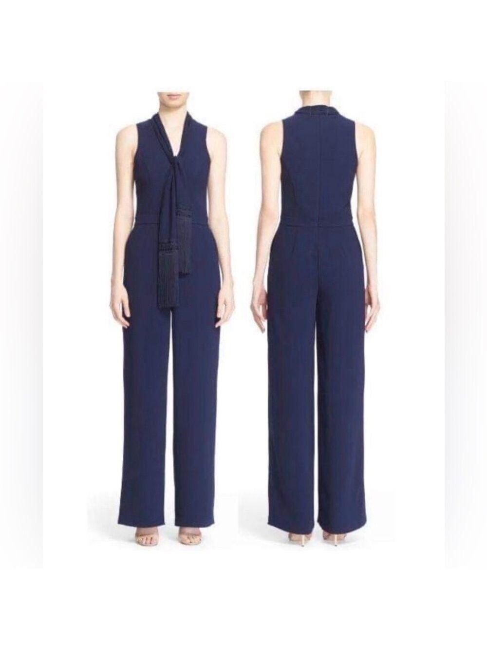 Trina Turk Momo Fringe Jumpsuit Navy Blue Wide Leg Sleeveless Scarf
